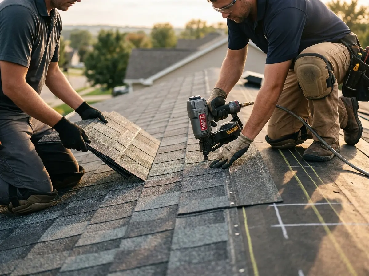 Professional roofer working on a residential roof in New Baltimore